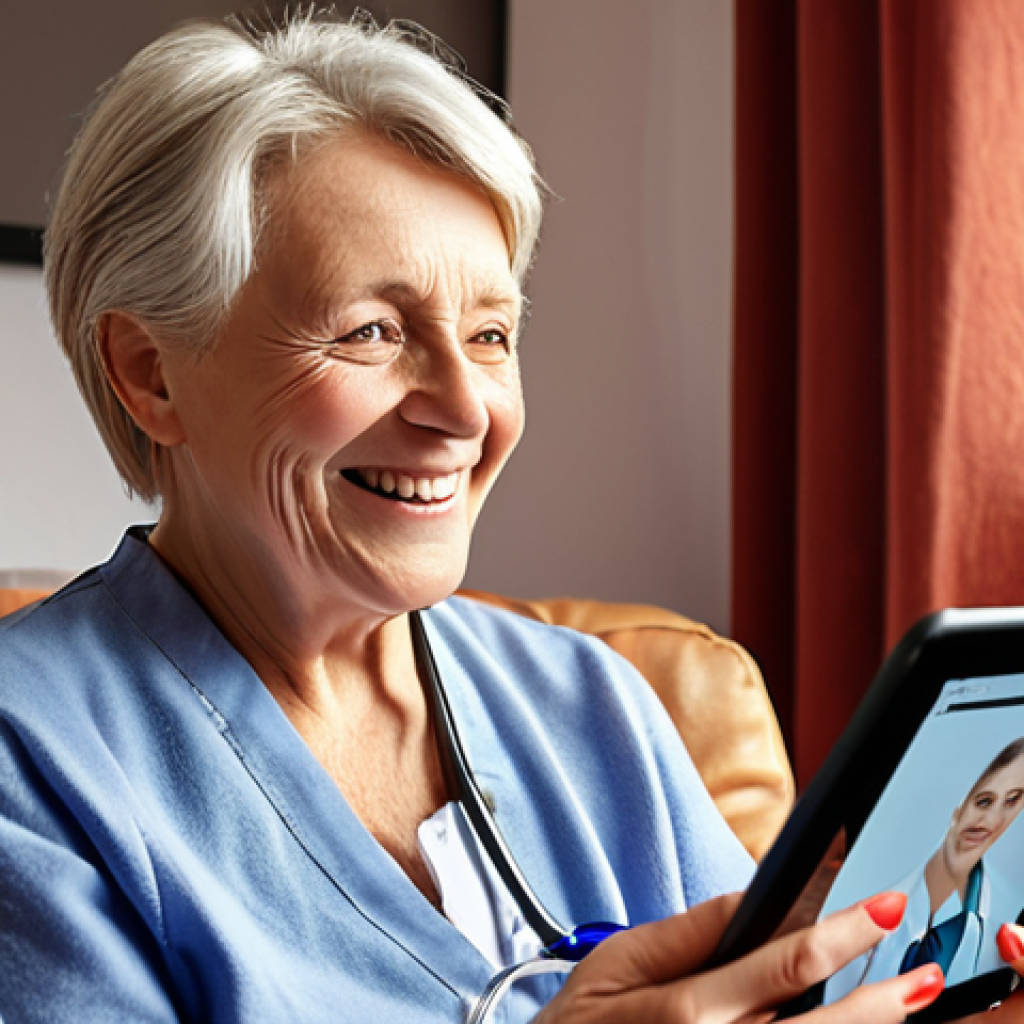 **

"A senior woman smiling during a Telemedizin appointment on her tablet in a cozy, modern German home. The doctor is visible on the screen, friendly and reassuring. Sunlight streams through the window. Warm, inviting atmosphere. Focus on the woman's face and the tablet screen. Realistik, high definition."

**