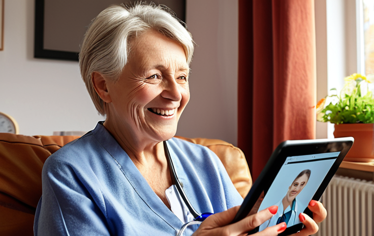 **
"A senior woman smiling during a Telemedizin appointment on her tablet in a cozy, modern German home. The doctor is visible on the screen, friendly and reassuring. Sunlight streams through the window. Warm, inviting atmosphere. Focus on the woman's face and the tablet screen. Realistik, high definition."
**