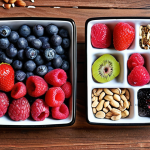 **A vibrant and colorful assortment of antioxidant-rich foods, including various berries (blueberries, strawberries, raspberries, blackberries), dark chocolate pieces, and a handful of mixed nuts and seeds, arranged artfully on a wooden table.** (Focus: Antioxidants)