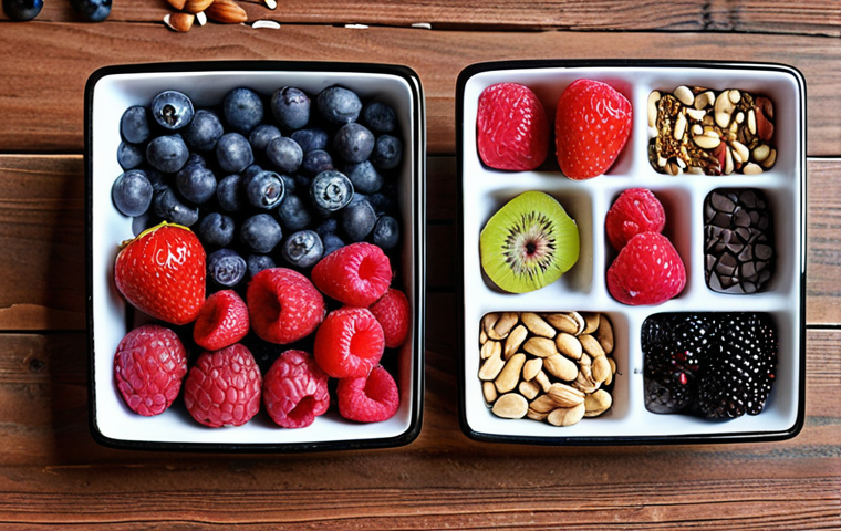 **A vibrant and colorful assortment of antioxidant-rich foods, including various berries (blueberries, strawberries, raspberries, blackberries), dark chocolate pieces, and a handful of mixed nuts and seeds, arranged artfully on a wooden table.** (Focus: Antioxidants)
