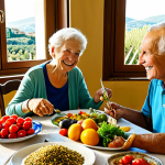 Mediterranean Diet & Longevity**

"A vibrant table laden with Mediterranean food: olive oil, colorful vegetables, fresh fruits, whole grains, and fish. Sunlight streams through a window, illuminating the scene. In the background, a smiling elderly couple is enjoying the meal. Fully clothed, appropriate attire, safe for work, professional photography, perfect anatomy, natural proportions, modest, family-friendly, depicting healthy eating for longevity, high quality."

**
