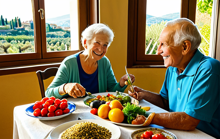Mediterranean Diet & Longevity**

"A vibrant table laden with Mediterranean food: olive oil, colorful vegetables, fresh fruits, whole grains, and fish. Sunlight streams through a window, illuminating the scene. In the background, a smiling elderly couple is enjoying the meal. Fully clothed, appropriate attire, safe for work, professional photography, perfect anatomy, natural proportions, modest, family-friendly, depicting healthy eating for longevity, high quality."

**