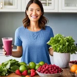 노화 방지 - **Vibrant Culinary Rejuvenation:** A close-up, brightly lit shot of a person, approximately 30-45 ye...