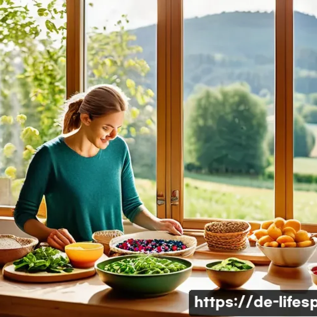 영양소와 평균수명 - A vibrant, modern kitchen scene featuring a diverse spread of fresh, seasonal German foods emphasizi...