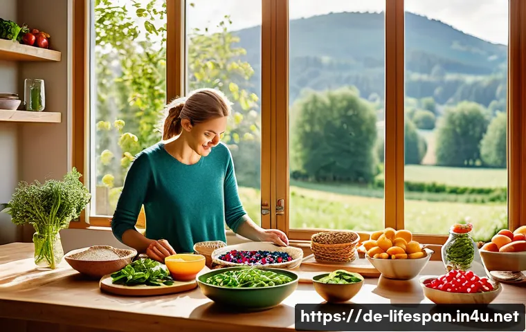 영양소와 평균수명 - A vibrant, modern kitchen scene featuring a diverse spread of fresh, seasonal German foods emphasizi...