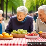 장수 연구 - A vibrant, detailed scene of a diverse group of elderly German people enjoying a healthy outdoor pic...