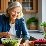 노화와 질병 예방 - A vibrant, sunlit kitchen scene featuring a middle-aged German woman preparing a colorful salad with...
