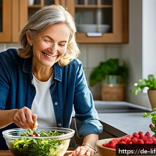 노화와 질병 예방 - A vibrant, sunlit kitchen scene featuring a middle-aged German woman preparing a colorful salad with...