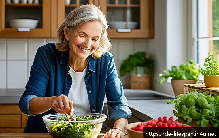 노화와 질병 예방 - A vibrant, sunlit kitchen scene featuring a middle-aged German woman preparing a colorful salad with...