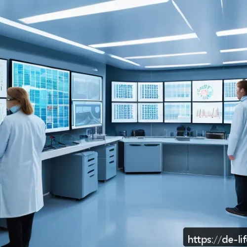 평균수명 예측 모델 - A futuristic German medical research lab scene showing diverse scientists analyzing large digital sc...