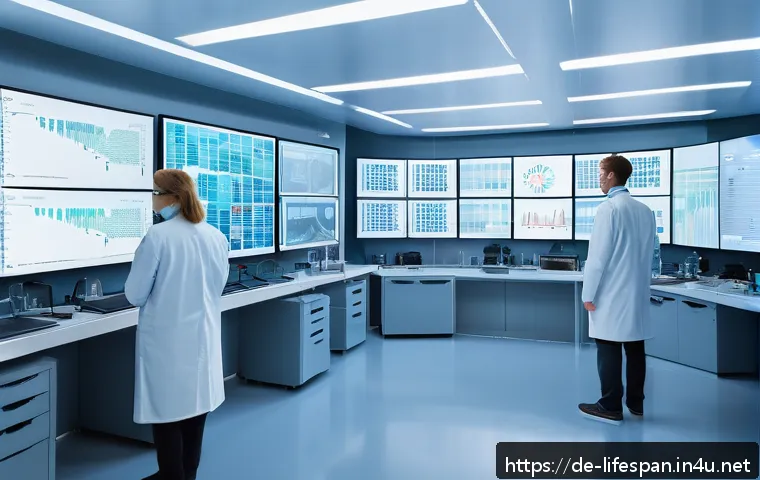 평균수명 예측 모델 - A futuristic German medical research lab scene showing diverse scientists analyzing large digital sc...