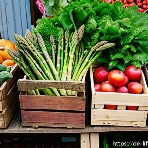 수명 연장에 좋은 식품 - A vibrant, colorful German farmer’s market scene in spring, featuring fresh seasonal produce such as...
