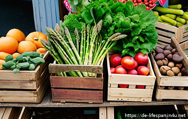 수명 연장에 좋은 식품 - A vibrant, colorful German farmer’s market scene in spring, featuring fresh seasonal produce such as...
