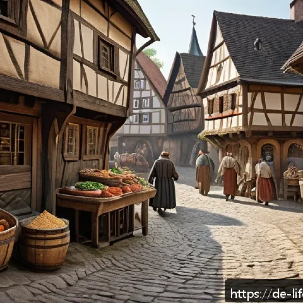 인간의 평균수명 역사 - A historically accurate medieval village scene in Germany around the 14th century, showing crowded a...