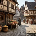 인간의 평균수명 역사 - A historically accurate medieval village scene in Germany around the 14th century, showing crowded a...