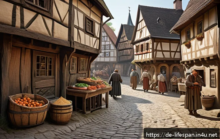 인간의 평균수명 역사 - A historically accurate medieval village scene in Germany around the 14th century, showing crowded a...