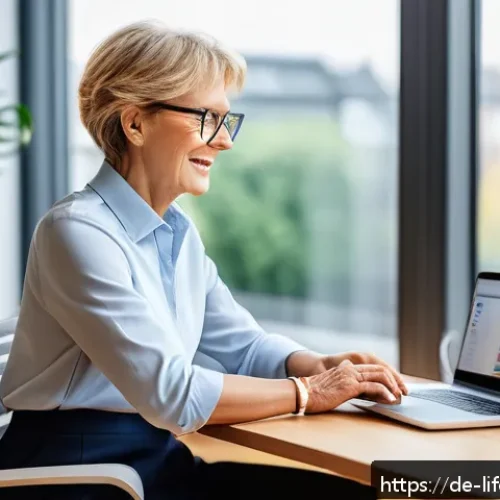고령화 사회와 평균수명 - A bright and modern home office scene in Germany showing a mature professional woman in business cas...