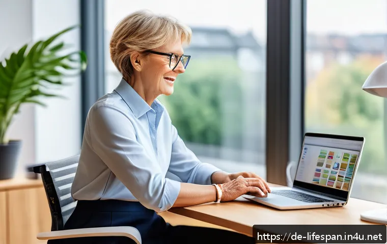고령화 사회와 평균수명 - A bright and modern home office scene in Germany showing a mature professional woman in business cas...