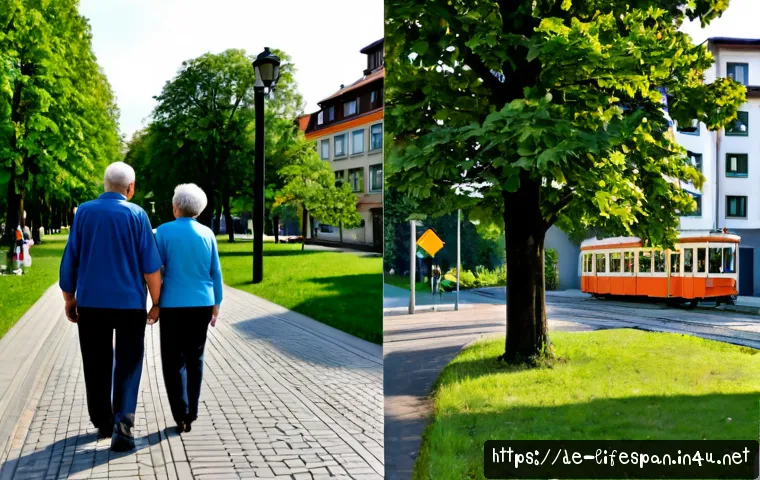 경제적 차이와 평균수명 - Photorealistic split-scene comparison in a German city: on one side, a comfortable retired couple in...