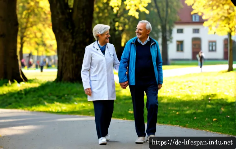 건강보험과 평균수명 - Photorealistic German senior couple in their early seventies walking confidently through a sunny pub...